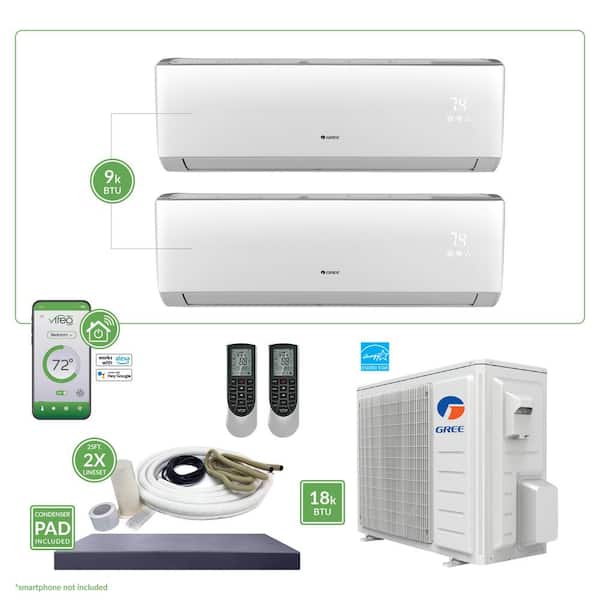 GREE Gen3 Smart Home 18,000 BTU 1.5 Ton Dual-Zone Ductless Mini Split Air Conditioner and Heat Pump 25 ft. Install Kit 230 V