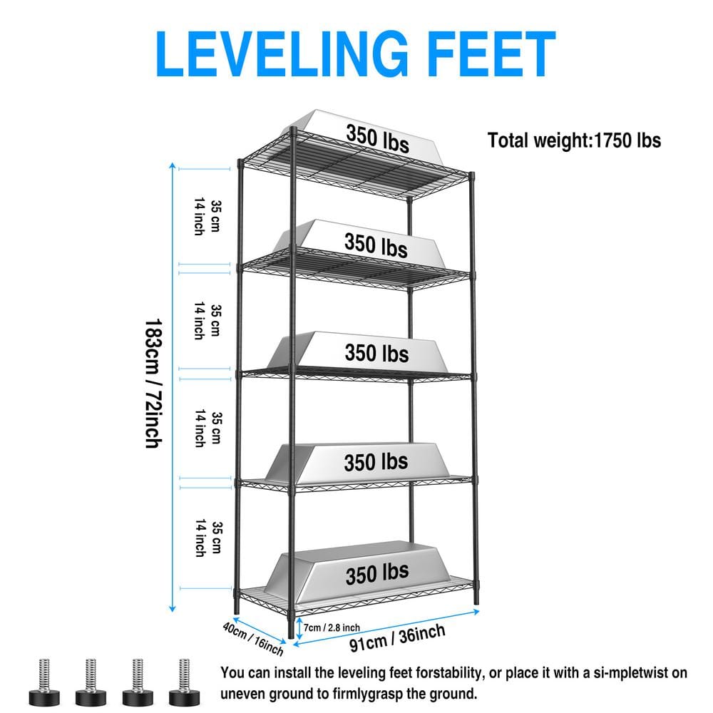 Black 72" Metal 5-Tier Adjustable Wire Shelving Unit