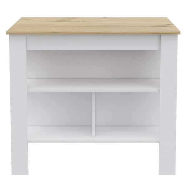 Unbranded White/Light Oak Finish Wood 40.5 in. Kitchen Island with Shelves