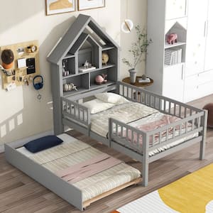 Gray Wood Frame Twin Size Platform Bed with Trundle, House-Shaped Headboard Bed with Fence Guardrails for Kids