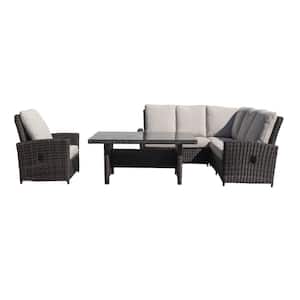 Cheshire 5-Piece Aluminum Chow Dining Recline Sectional Set with Club Chair with Cream Cushions
