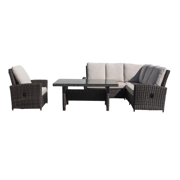Courtyard Casual Cheshire 5-Piece Aluminum Chow Dining Recline Sectional Set with Club Chair with Cream Cushions