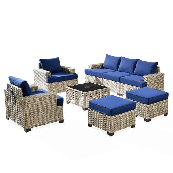 Kelley's 8-Piece Wicker Modern Outdoor Patio Conversation Sofa Seating Set with a LED Table and Navy-Blue Cushions
