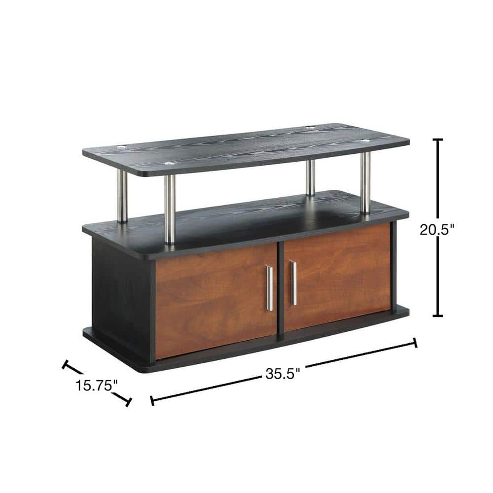 Cherry Wood 35.5'' TV Stand with Stainless Steel Accents and Cabinet Storage