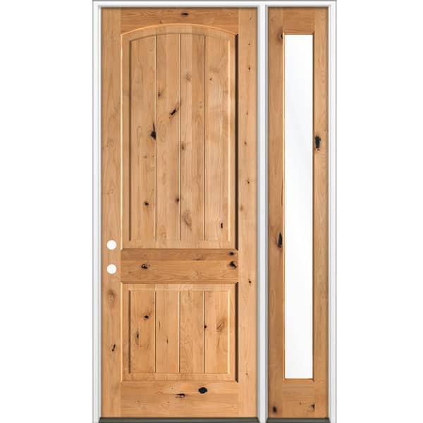 50 in. x 96 in. Knotty Alder Arch Top Right-Hand/Inswing Clear Glass BEHR Cedar Stain Wood Prehung Front Door w/ RFSL