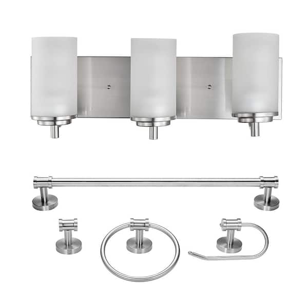 Globe Electric Carla 19.25 in. 3-Light Brushed Nickel Vanity Light with Frosted Glass Shades and Bath Set (5-Piece)