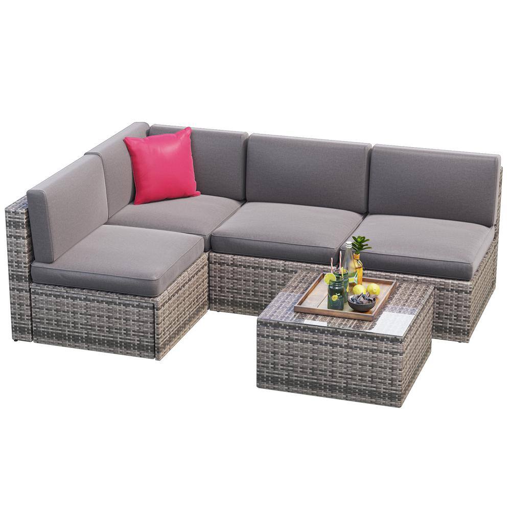 Gray 5-Piece PE Rattan Wicker Outdoor Sectional Set with Glass Table