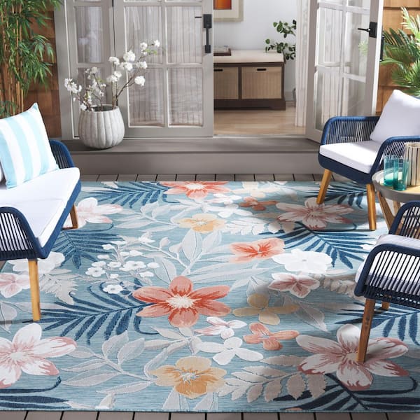 Cabana Aqua/Rust 9 ft. x 12 ft. High-Low Floral Leaf Indoor/Outdoor Area Rug