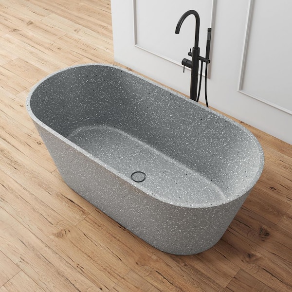 59 in. x 29 in. Terrazzo Stone Solid Surface Flatbottom Freestanding Soaking Bathtub in Gray