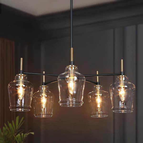 25 in. 5-Light Brass Modern Island Chandelier, Clear Glass Mason Jar Pendant Light, Farmhouse Black Light Fixture