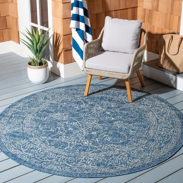Courtyard Navy/Ivory 7 ft. x 7 ft. Round Border Indoor/Outdoor Patio  Area Rug
