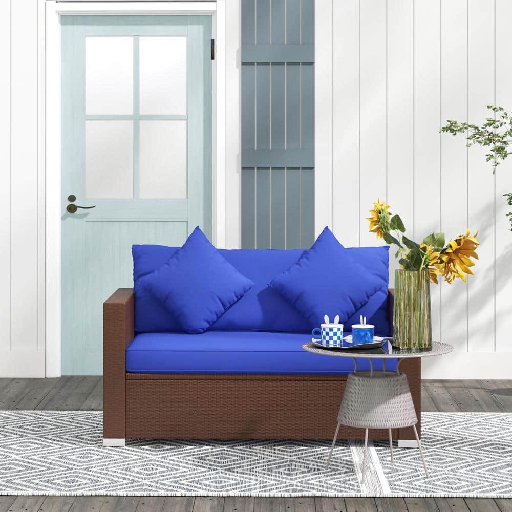 Outsunny Brown Wicker Loveseat with Dark Blue Cushions