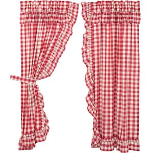 Annie Buffalo Check Red White Ruffled Cotton Light Filtering Rod Pocket Window Curtain 36 in. W x 63 in. L Pair