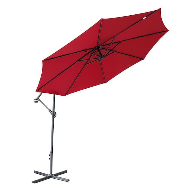 CASAINC 9 ft. Iron Offset Cantilever Tilt Hanging Patio Umbrella in Wine Red