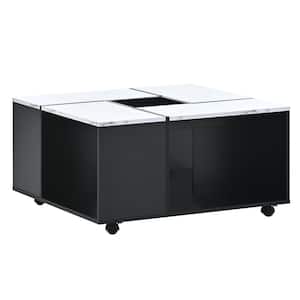31.4 in. White plus Black Square MDF Coffee Table with Storage and Casters