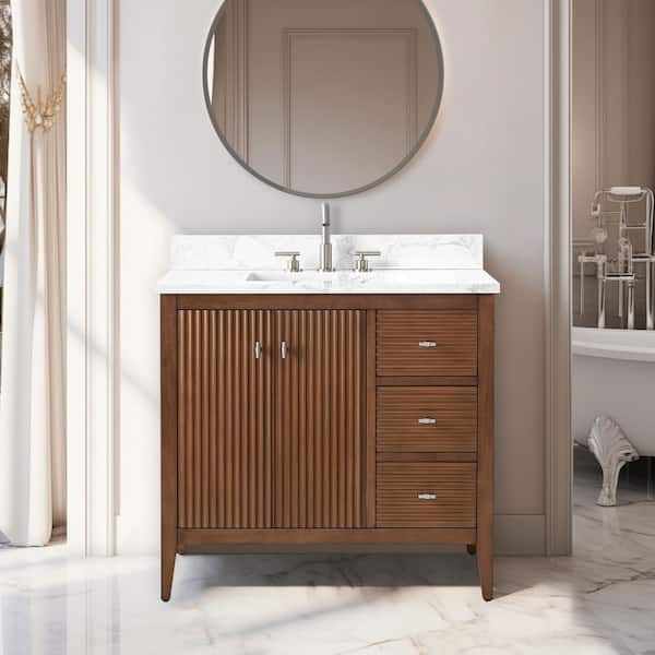 36 in. W x 22 in D x 38 in. H Single Sink Linear Walnut Bath Vanity Cabinet with White Engineered Marble Top