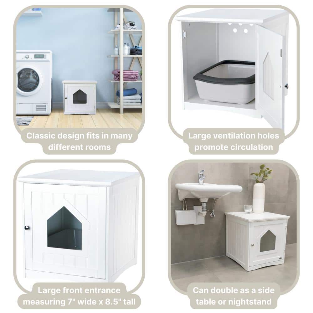 White Wooden Cat Litter Box Enclosure with Front Door