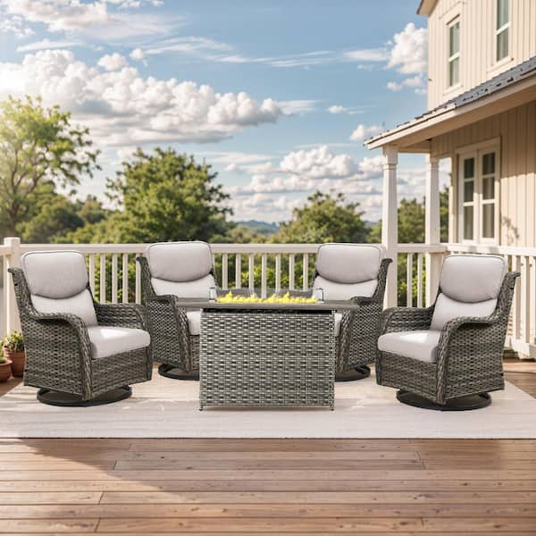 moosprr Luxury 5-Piece Gray Wicker Fire Pit Conversation Set with Olefin Beige Cushions and Swivel Glider Rocking Chairs