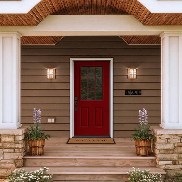 36 in. x 80 in. 9-Lite Painted Cranberry Red Painted Steel Prehung Right-Hand Inswing Entry Door with White Interior