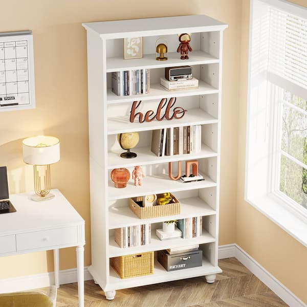 Eulas 69 in. Tall White MDF 8 Tier Standard Bookcase with LED Lighting, Open Display Bookshelves and Legs