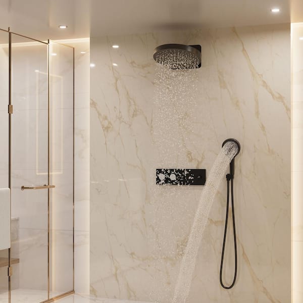 3-Spray 16 in. Fixed and Handheld Shower Head Wall Mount 2.5 GPM Thermostatic Dual Shower Head in Matte Black