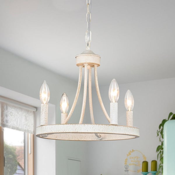 ZJVAIVE 4-Light Vintage White Candle Design Circle Iron Hanging Wagon Wheel Chandelier for Dining Room with No Bulbs Included