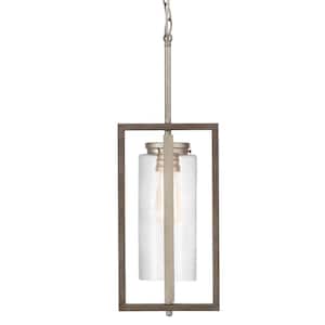 Palermo Grove 8 in. 1-Light Antique Nickel Farmhouse Hanging Outdoor Lantern with Weathered Gray Wood Accents