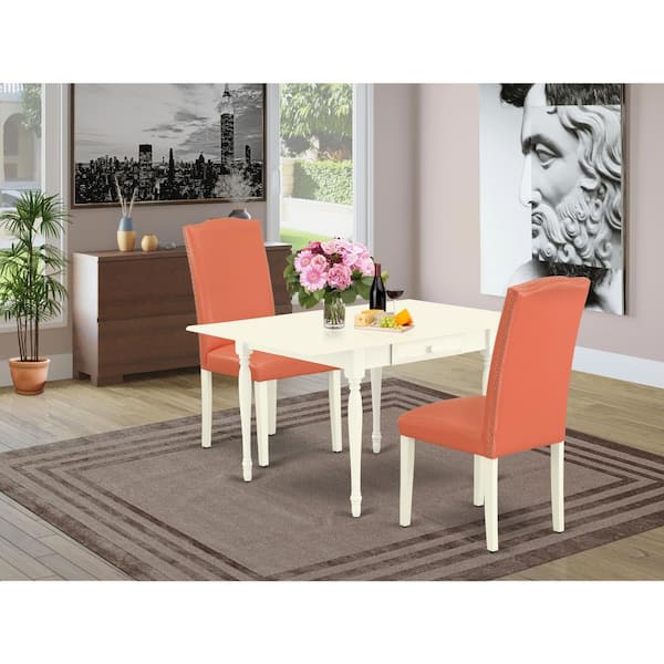 East West Furniture 3-Piece Linen White Finish Solid Wood Top With Dropleaf Dining Table Set