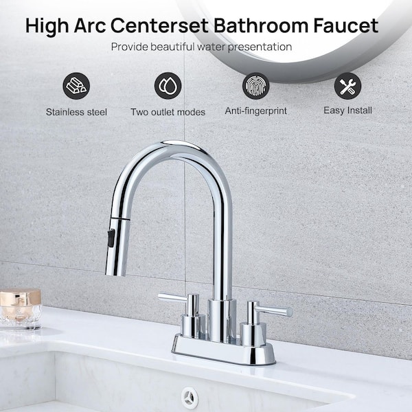 4 in. Centerset Double Handle High Arc Bathroom Sink Faucet with Pull Out Sprayer and Pop Up Drain in Brushed Chrome