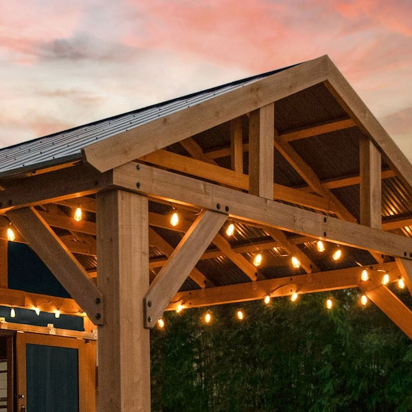 Pro Assembled Festiva 14 ft. x 19 ft. Outdoor Patio Entertainment Pavilion with Wood Shed-Bar Counter and Service window