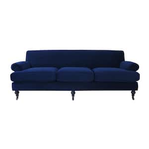 Alana 88 in. W Lawson Recessed Arm Sofa Metal Casters, Navy Blue Velvet