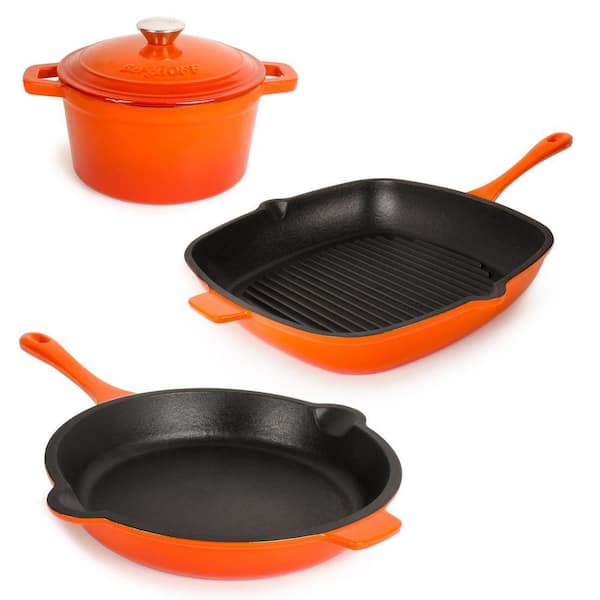 BergHOFF Neo 4-Piece Cast Iron Cookware Set, Fry Pan, Grill Pan and Round Dutch Oven, Orange
