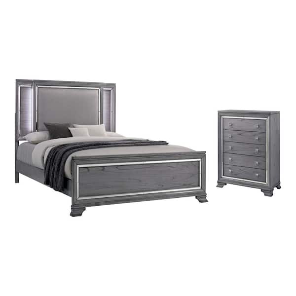 Furniture of America Tannon 2-Piece Light Gray King Wood Bedroom Set, Bed and Chest