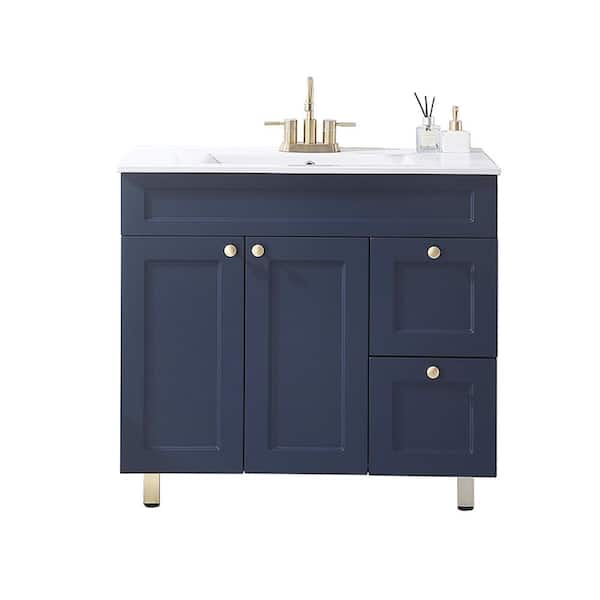 36 in. W x 18 in. D x 33 in. H Single Bath Vanity in Deep Blue with White Ceramic Sink and Ceramic Top