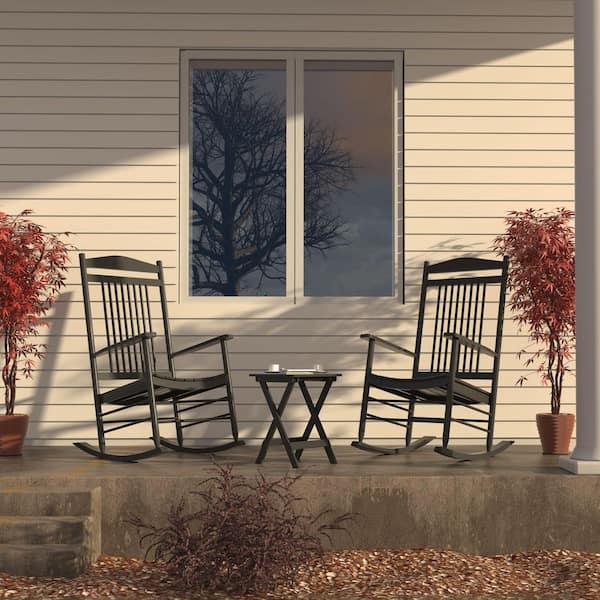 Black Wooden Patio Outdoor Rocking Chair Set (3-Pieces)