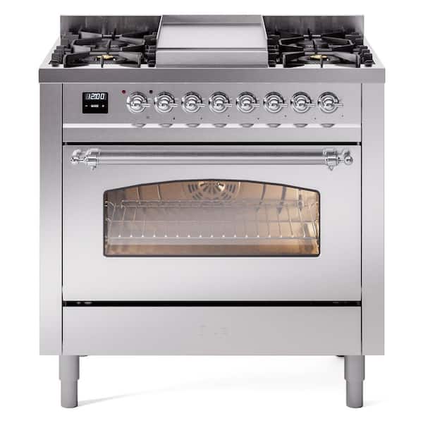 ILVE Nostalgie II 36 in. 6 Burner+Griddle Freestanding Dual Fuel Natural Gas Range in Stainless Steel with Chrome Trim
