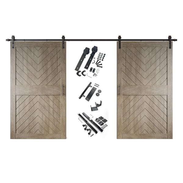 JT4 48 in. x 84 in. C-Panel Classic Gray Fishbone Design Double Pine Wood Sliding Barn Door with Hardware Kit