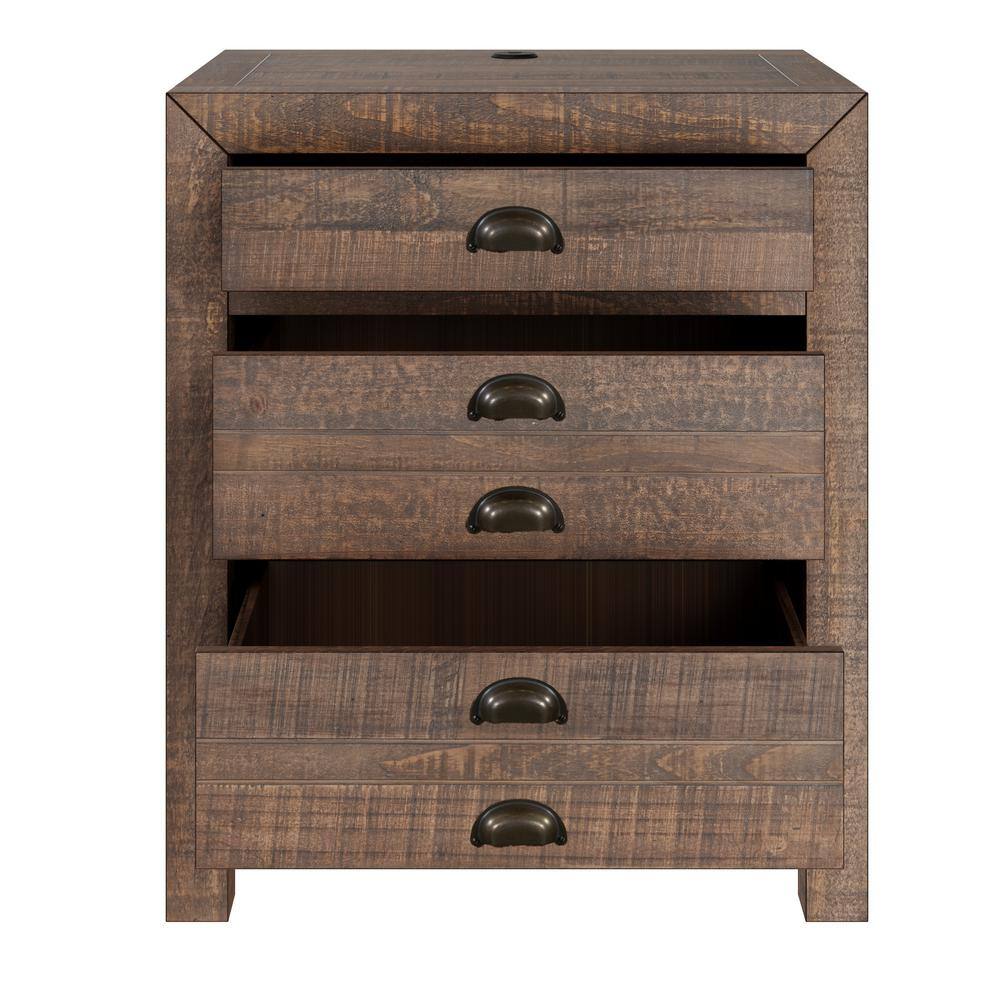 Rustic Brown Solid Pine Wood 3-Drawer Nightstand with Cup Pulls
