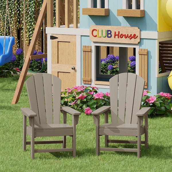 Children's Laguna Set of 2 Outdoor Patio All Weather Fade Resistant Kids Poly Plastic Adirondack Chairs, Weathered Wood