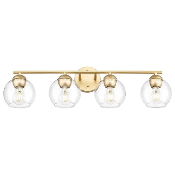 JAZAVA 28.9 in. 4-Light Gold Vanity Light with Clear Glass Shade