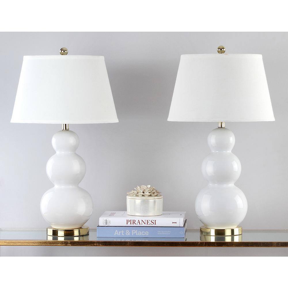 Elegant White Ceramic Gourd Table Lamp Set with Off-White Shade, 28"