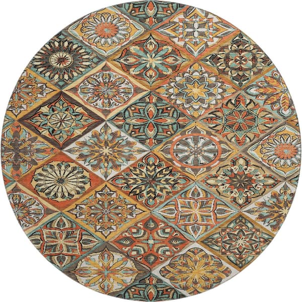Mayfield Premium Machine Washable Abstract AMF2256 Gold 8 ft. x 8 ft. Round Rug