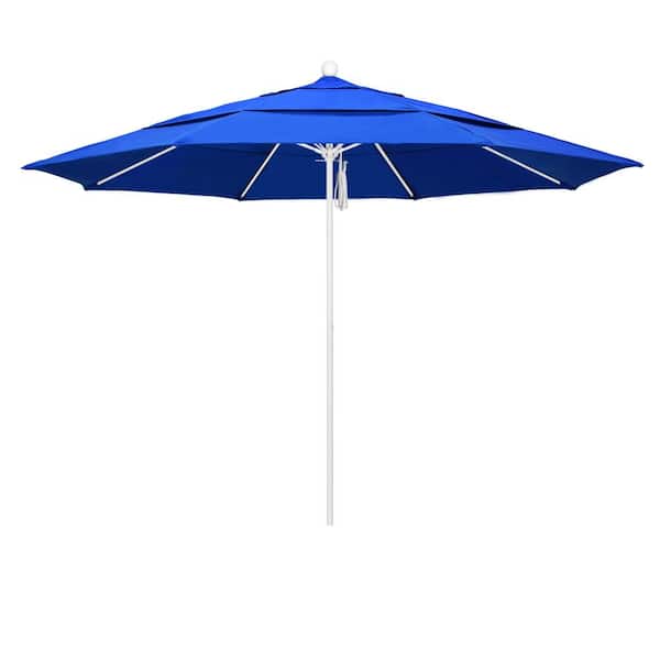 California Umbrella 11 ft. White Aluminum Commercial Market Patio Umbrella with Fiberglass Ribs and Pulley Lift in Pacific Blue Sunbrella