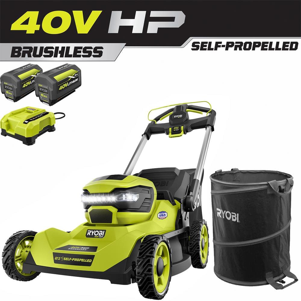 RYOBI 40V HP Brushless 21 in. Cordless Battery Walk Behind Self-Propelled Mower with (2) Batteries, Charger, Lawn & Leaf Bag