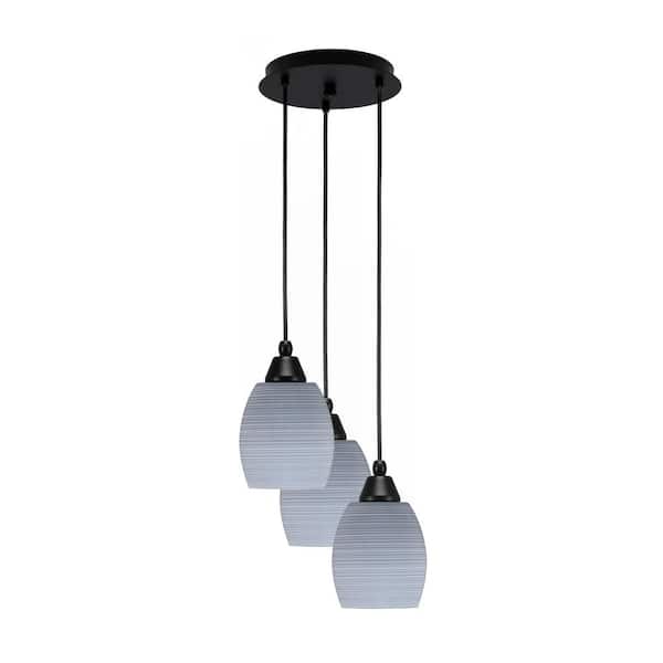 Unbranded Savannah 9.5 in. 3-Light Matte Black Cord Pendant Light Gray Matrix Glass Shade