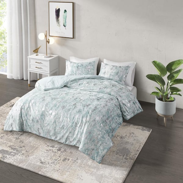 Pearl 3 Piece Aqua King Cal King Metallic Printed Velvet Comforter Set Cl10 0016 The Home Depot