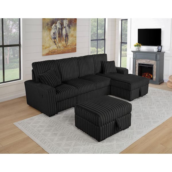 Alba 64.5 in. W. Straight Arm 3-Piece Corduroy Fabric L Shape Pull Out Loveseat Sectional Sofa in Black Color