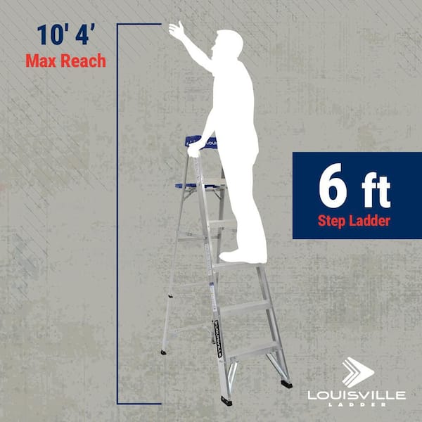 Louisville Ladder 6' Aluminum Step Ladder, 10' Reach, 250 lbs Load Capacity, W-2112-06S Louisville Ladder 6' Aluminum Step Ladder, 10' Reach, 250 lbs Load Capacity, W-2112-06S