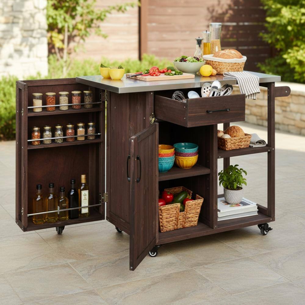 Outdoor Brown Wood Kitchen Island with Stainless Top and Ample Storage Space price history on PriceWatchPro