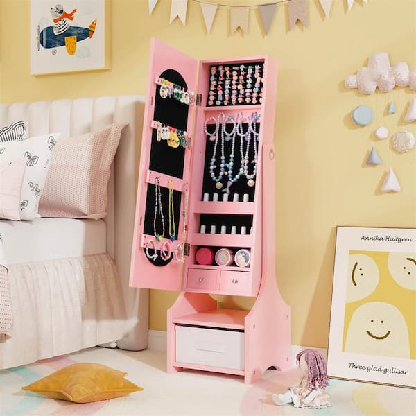 Pink Wood 12.5 in. Kids Jewelry Cabinet with Full-Length Mirror Drawer 2-Adjustable Tilt Angles